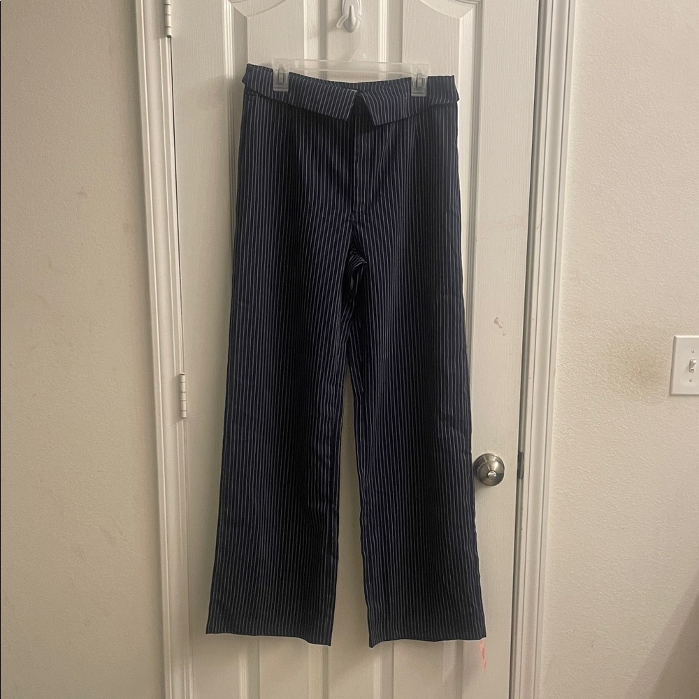 Boohoo Navy Pinstripe Wide Leg Pants